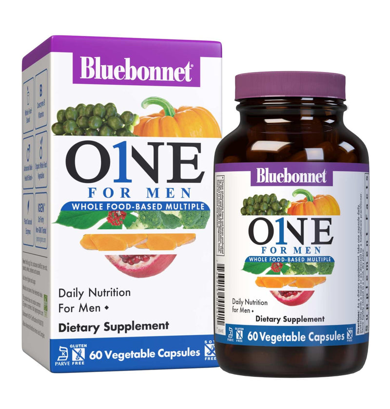 Bluebonnet Nutrition One for Men Whole Food-Based Multiple, Daily Nutrition*, Non-GMO, Vegetarian Friendly, Kosher, Gluten-Free, Soy-Free, Dairy-Free, Iron Free, 60 Vegetable Capsules, 60 Servings | Non-GMO, Vegetarian, Kosher, Gluten-Free, Soy-Free, D...