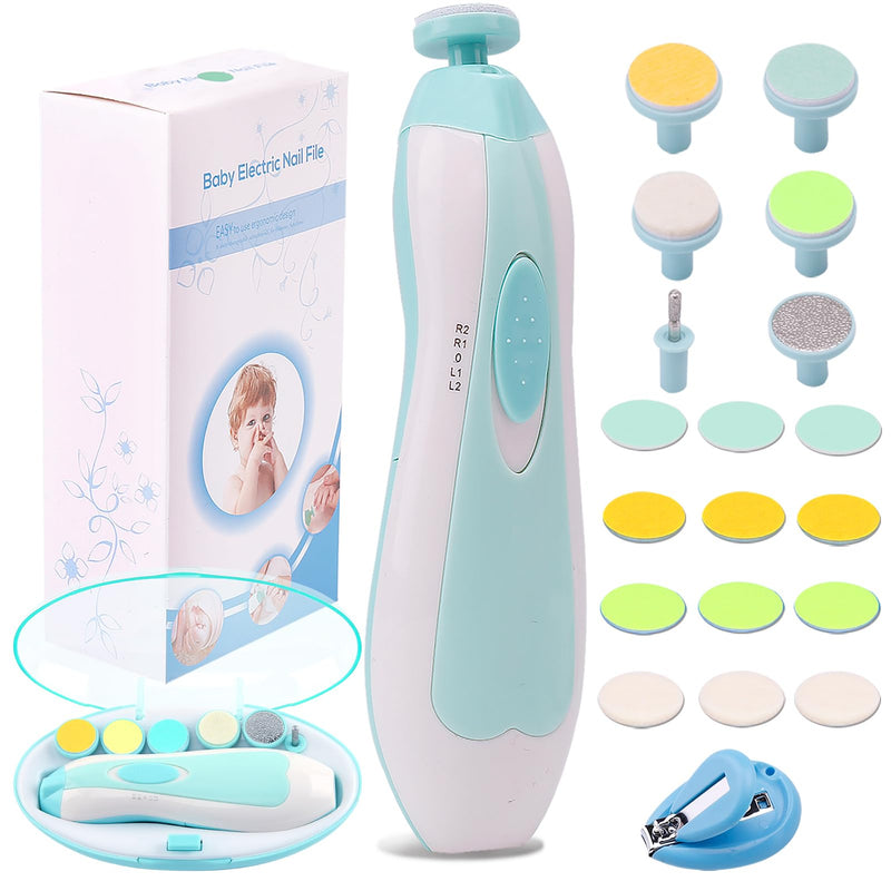 [Australia] - Baby Nail Trimmer Electric Nail File Baby Nail Clippers, Safe Nail Filer Grinder Kit for Newborn Infant Toddler Kids or Adults Toes Fingernails Care Trim Polish, with Led Light and 10 Grinding Heads White/Teal 
