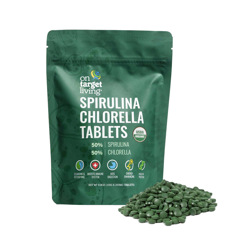[Australia] - On Target Living Organic Spirulina Chlorella | Supergreens | USDA Organic | 1000 Tablets- 250 G (8.8 oz) | Vegan | Immune Support | Alkalyzing | Nutrient Dense | Protein Dense 