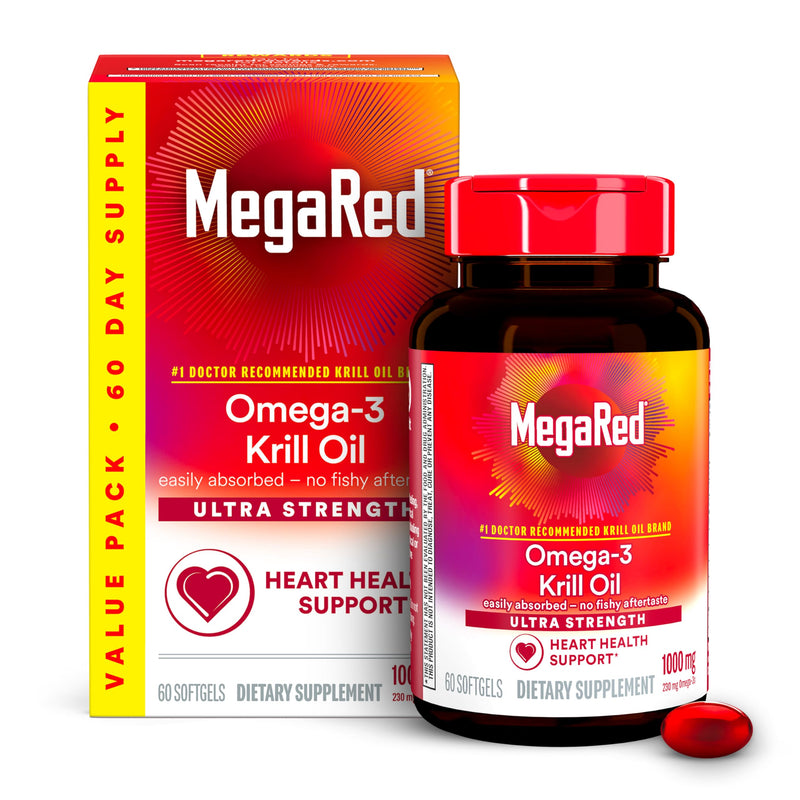 MegaRed Antarctic Krill Oil 1000mg, Omega 3 Fatty Acid Supplement, Ultra Concentrate EPA & DHA Softgels, Antioxidant Astaxanthin, Heart Health Supplement with No Fish Oil Aftertaste, 60ct | Antioxidant Astaxanthin, Phospholipids, EPA & DHA, Heart Suppo...