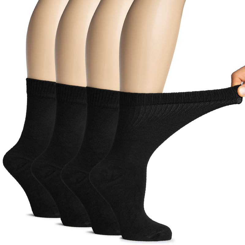 [Australia] - Hugh Ugoli Women's Soft Bamboo Diabetic Crew Socks, Wide, Loose Fit & Thin Socks with Seamless Toe & Non-Binding Top, 4 Pairs 9-12 01- Black (4 Pairs) 
