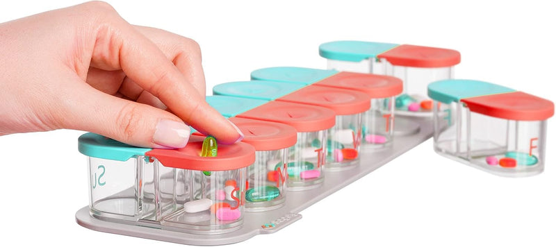 Sagely XL Pill Organizer, Durable Medicine Box, Magnetic Daily Removable Pods, Easy-to-Use, Spill-Proof, Large Enough to Fit Fish Oil, Cod Liver Oil, Supplements & Vitamins (Mint Blue/Coral) Mint Blue/Coral
