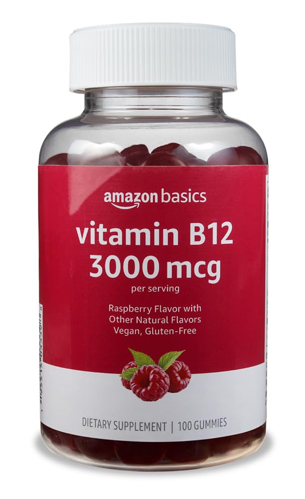 Amazon Basics Vitamin B12 3000 mcg Gummies, Normal Energy Production and Metabolism, Immune System Support, Raspberry, 100 Count (2 per Serving) (Previously Solimo) 100 Count (Pack of 1)