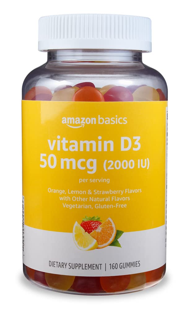 Amazon Basics Vitamin D3 2000 IU Gummies, Orange, Lemon & Strawberry, 160 Count (2 per Serving) (Previously Solimo) 160 Count (Pack of 1)
