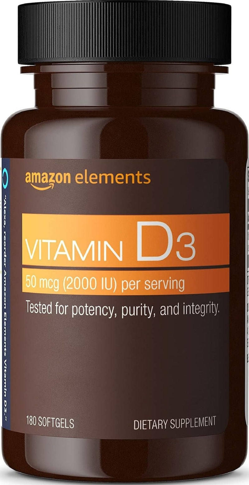 Amazon Elements - Vitamin D3, 2000 IU, 180 Softgels, 6 month supply (Packaging may vary), Supports Strong Bones and Immune Health 180 Count (Pack of 1)