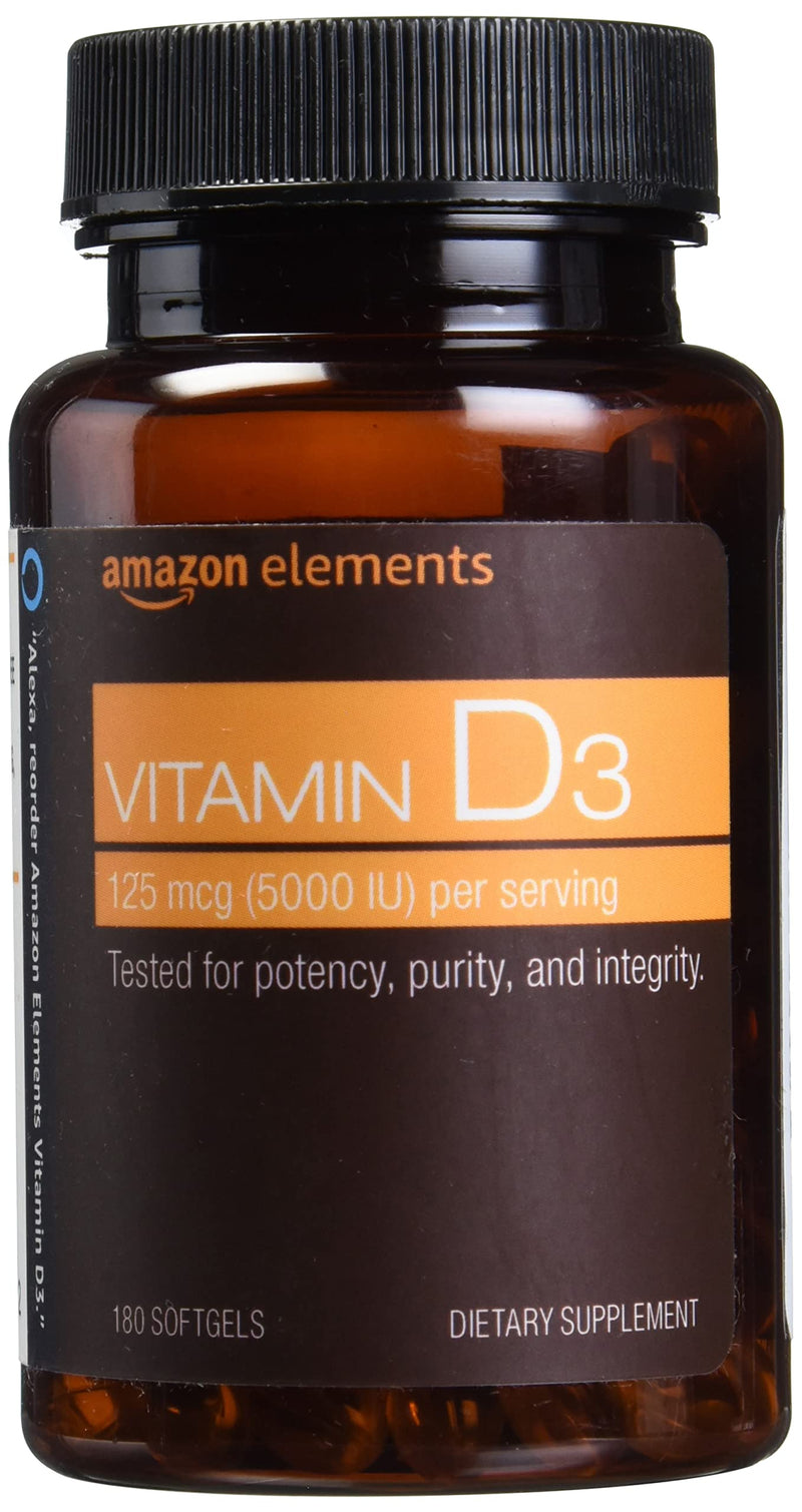 [Australia] - Amazon Elements Vitamin D3, 5000 IU, 180 Softgels, 6 month supply 180 Count (Pack of 1) 