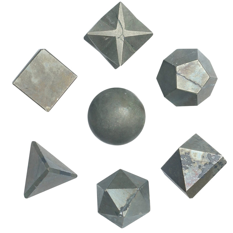Crocon Golden Pyrite 7 Pcs Crystals Geometry Set Platonic Solids Stone | chakra Sacred Geometric Stones for Meditation Reiki Balancing Healing Chakra Stone Cleansing Spiritual Good Luck (15-20 mm) Set of 7