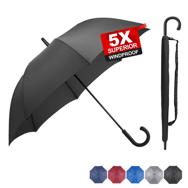 RUMBRELLA Black Umbrella with Hook Handle Stick Umbrella Auto Open 54IN | UPF 50+ Windproof Umbrella for Adults Fits 2 People, J Hook Handle, Fast-Drying