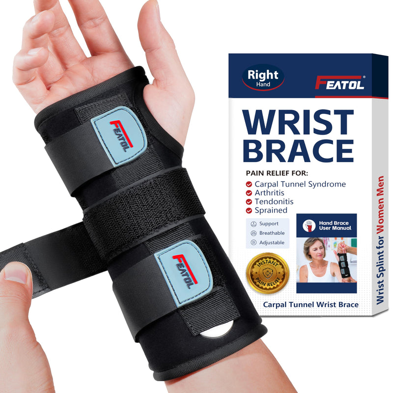 FEATOL Wrist Brace Hand Brace, Carpal Tunnel Wrist Splint Night Support for Women Men, Pain Relief Support -Tendonitis, Arthritis, Sprain, Right Hand, Medium/Large Medium/Large (Pack of 1) Right Hand -Black