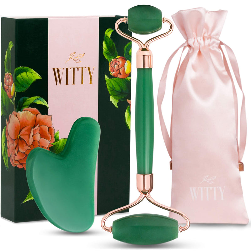WITTY Jade Face Roller and Gua Sha Set in Hand-Drawn Giftbox - Gua Sha Stone, Face Massager Roller, Beauty Massage Face Scraper Tools - Guasha Tool for Face Roller Skin Care, Eyes, Neck - Extra Pouch Green