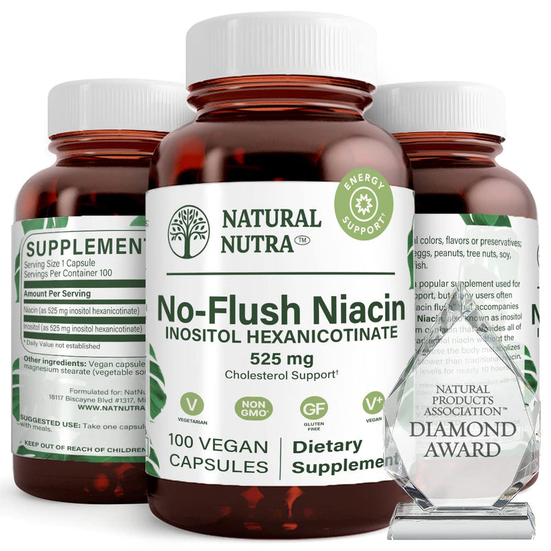 Natural Nutra No Flush Niacin, Vitamin B3 Supplement, Helps Improve Cardiovascular Health, Helps Improve Skin Texture, Promotes Better Brain Function, Helps Boost Energy Level 525 mg, 100 Capsules