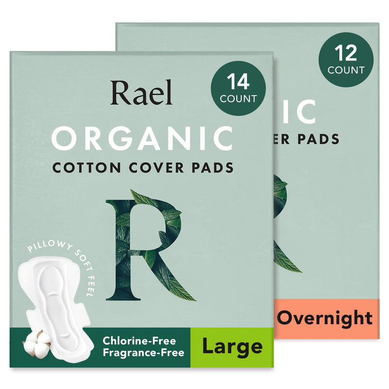[Australia] - Rael Pads for Women, Organic Cotton Cover - Period Pads with Wings, Sanitary Napkins, Heavy Absorbency, Unscented, Ultra Thin (Overnight, Large) Bundle 