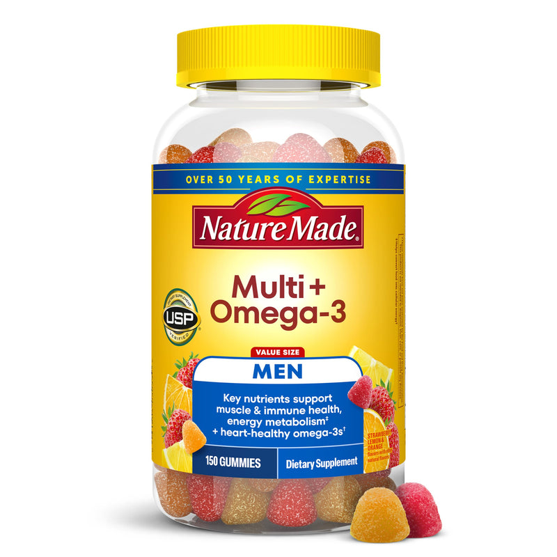 Nature Made Mens Multivitamin Gummies with Omega-3, 150 Count | Vitamins and Minerals Gummy with Omega-3, Mens Gummy Multivitamins for Daily Nutritional Support, 75 Day Supply Strawberry, Lemon & Orange 150 Count (Pack of 1)