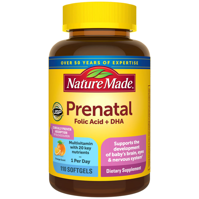 Nature Made Prenatal Vitamins for Women with Folic Acid + DHA, 110 Softgels | Prenatal Vitamin and Mineral Supplement for Daily Nutritional Support, With Folic Acid and 19 Other Nutrients, 110 Day Supply Unflavored 110 Count (Pack of 1)