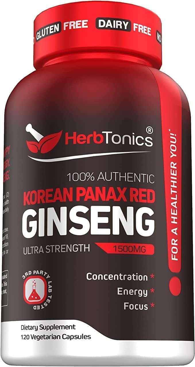 [Australia] - Herbtonics Korean Red Panax Ginseng 1500mg - High Potency Ginseng for Energy, Performance & Immune Support for Men & Women - Ginseng Root Extract Powder Supplement for Focus and Vitality -120 Capsules 120 Count (Pack of 1) 