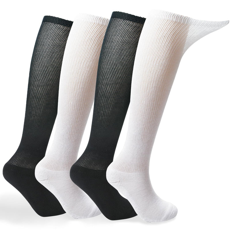 [Australia] - +MD 4 Pack Men’s Extra Wide Non-Binding Diabetic and Circulatory Over The Knee Socks with Cushioned Sole 4 Pairs Blk/Wht 9-11 