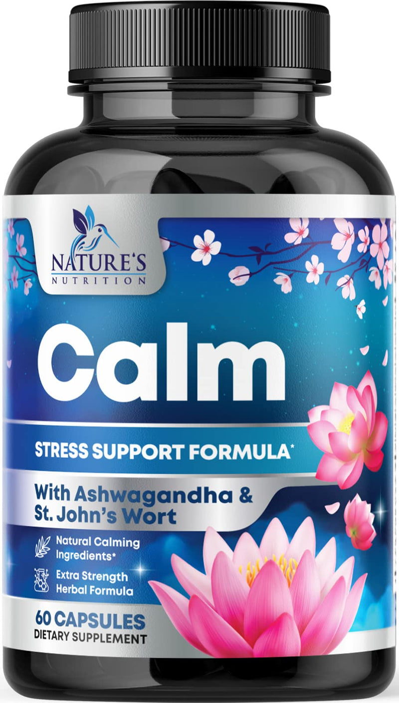 Stress Support Supplement - Extra Strength Ashwagandha, GABA, Magnesium, L-Theanine for Relief - Supports Mood & Focus - Naturally Calm, Unwind & Relax - Eases Tension & Nervousness - 60 Capsules 60 Count (Pack of 1)