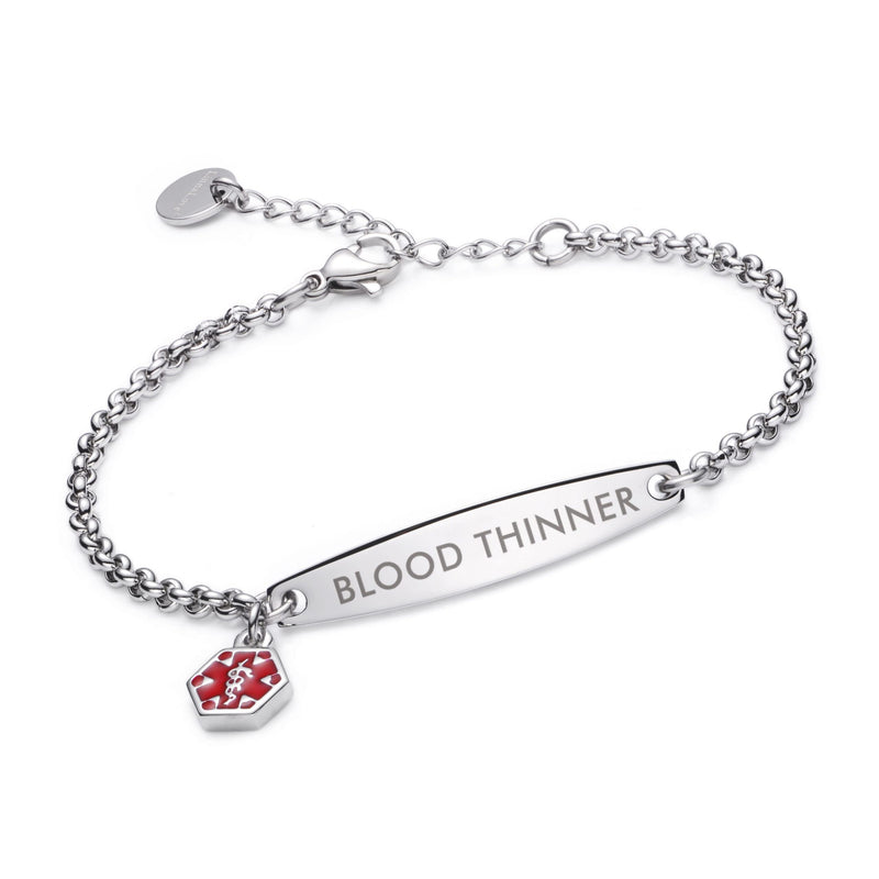 [Australia] - LinnaLove-Pre-engraved Simple Rolo chain Medical alert id bracelet for Women SILVER blood thinner 