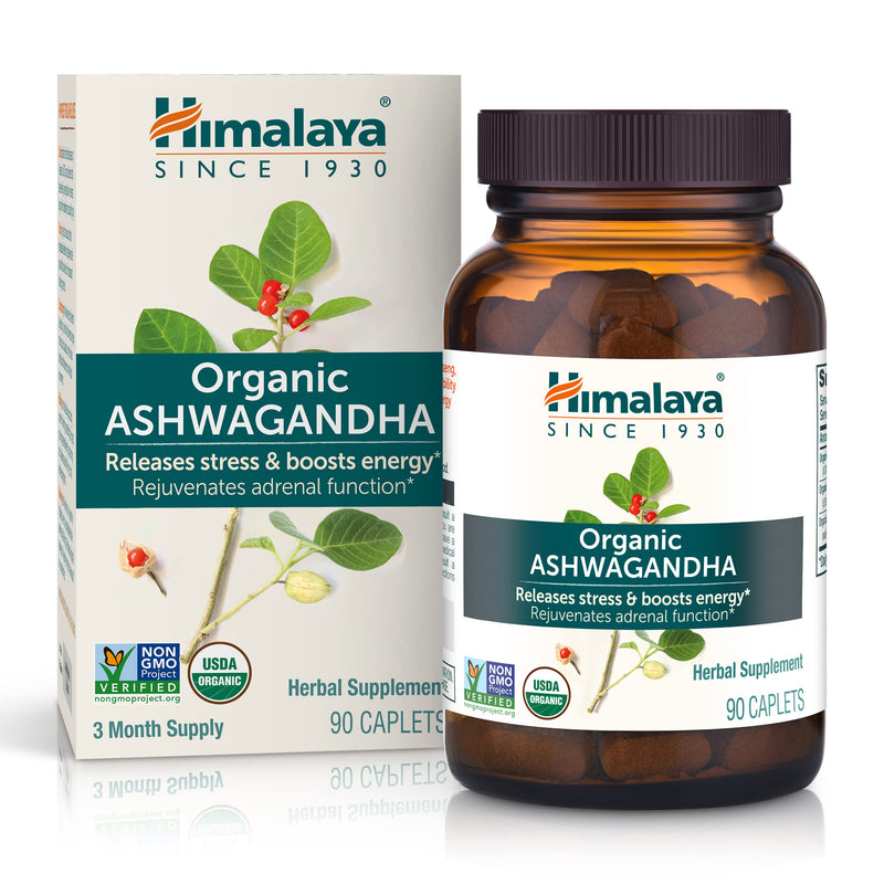 [Australia] - Himalaya Organic Ashwagandha, 90 Day Supply, Herbal Supplement for Stress Relief, Energy Support, Occasional Sleeplessness, USDA Certified Organic, Non-GMO, Vegan, Gluten Free, 670 mg, 90 Caplets 