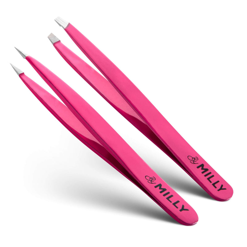 Precision Tweezers Set | Slanted and Pointed Tip Tweezers Kit | High Carbon Stainless Steel | Aligned & Hand-Filed Tweezer Set Professional | Hair Removal & Eyebrow Tweezer Set | Pink