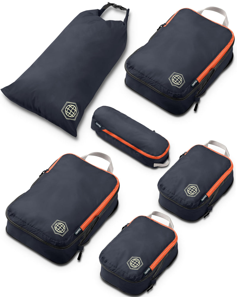 TRIPPED Travel Gear Compression Packing Cubes for Carry-On Travel 6-Pack | Ultralight Ripstop Packing Cubes with Compression Zippers for Organized Carry-On Luggage, Backpack, and Travel Packing 6 Piece Volcano (Grey and Orange) Carry On Set