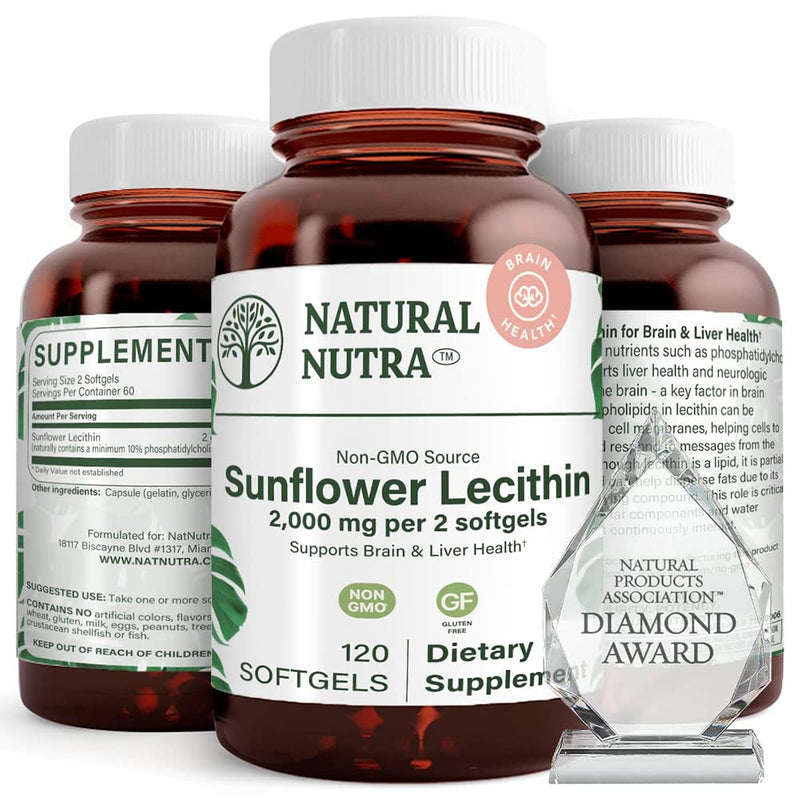 [Australia] - Natural Nutra Sunflower Lecithin Supplement 2000 mg, Helps to Improve Liver Function, Memory Booster, Promotes Brain Health and Focus and Concentration, Non-GMO, Gluten Free, 120 Softgels 120 Count (Pack of 1) 
