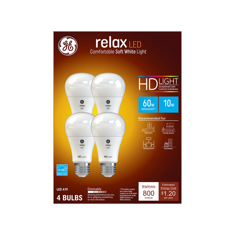 [Australia] - GE Relax LED Light Bulbs, 60 Watt, Soft White, A19 (4 Pack) 4 Pack 