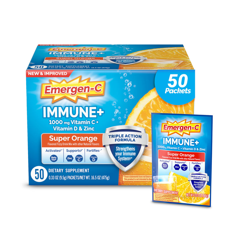 Emergen-C Immune+ Triple Action Immune Support Powder, Super Orange, 50 ct | BetaVia Triple Action, Vitamin D, B Vitamins, Zinc and Manganese, Energy Support, 50 Day Supply 1.03 Pound (Pack of 1)