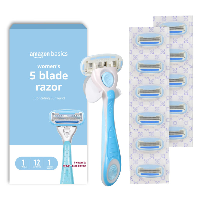 [Australia] - Amazon Basics 5-Blade Razor Handle for Women, Includes 12 Cartridges and Shower Hanger, 14 Piece Set, Blue 12 Count (Pack of 1) 1 Razor, 1 Shower Hanger, 12 Refills 