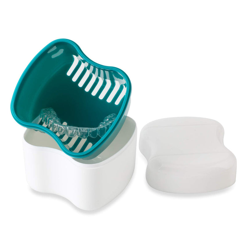 [Australia] - Denture Bath Case with Strainer Basket, Orthodontic Dental Retainer Storage Soak Container Cleaning Soaking Cup, Moth Guard Storage Box Holder for Office|Travel|Household Dark green 