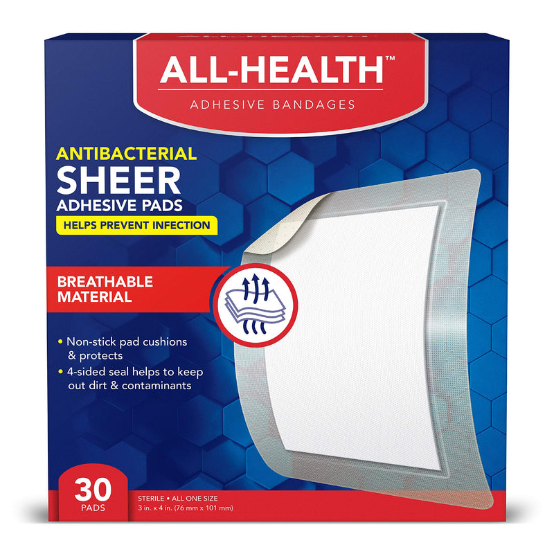 [Australia] - All Health Antibacterial Sheer Adhesive Pad Bandages, 3 in x 4 in, 30 ct | Helps Prevent Infection, Extra Large Comfortable Protection for First Aid and Wound Care 30 Count (Pack of 1) 