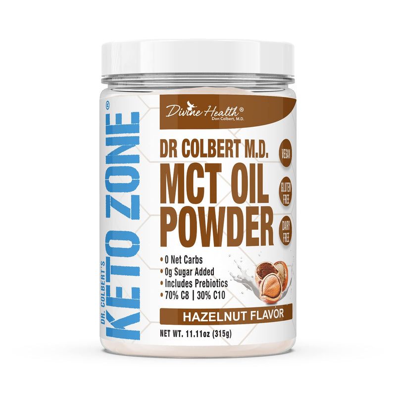 [Australia] - Dr. Colbert MD MCT Oil Powder | Hazelnut Flavor | by Divine Health | Recommended in The Keto Zone Diet book | 70% C8 | 30% C10 | 0 Net Carbs | Alternative to Coffee Creamer | 315g 
