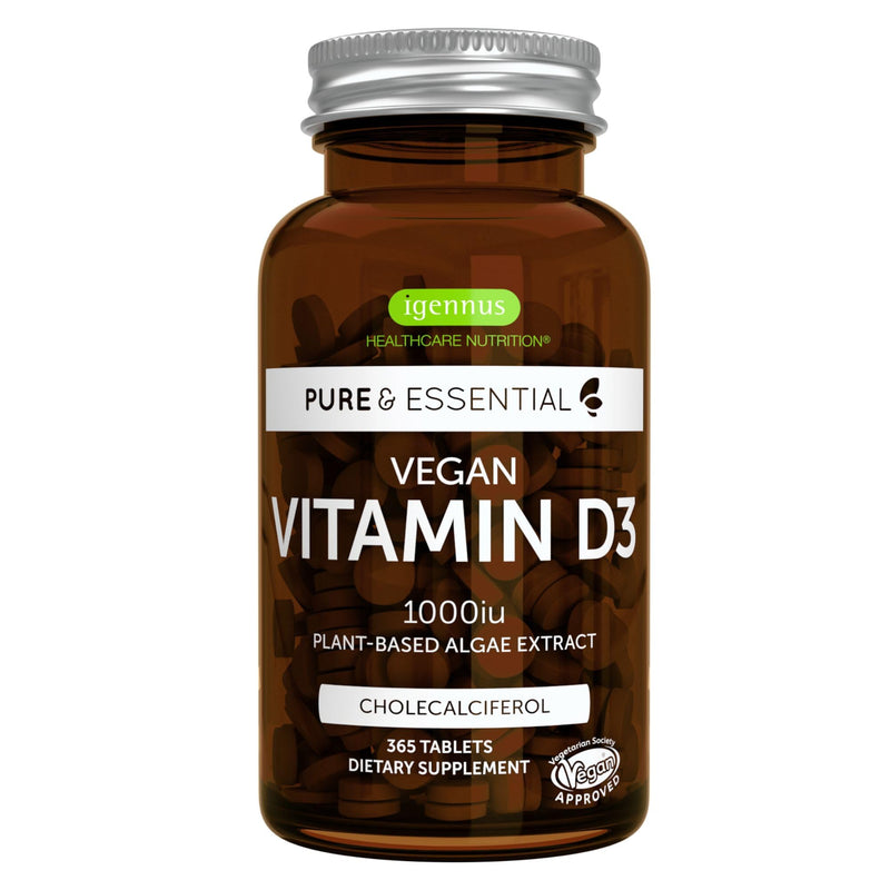 Igennus Natural Vegan Vitamin D3 1000IU, Clean Label, 365 Tablets | Plant-Based Algae Cholecalciferol, Immune, Bones & Teeth, Non-GMO, 1-Year Supply