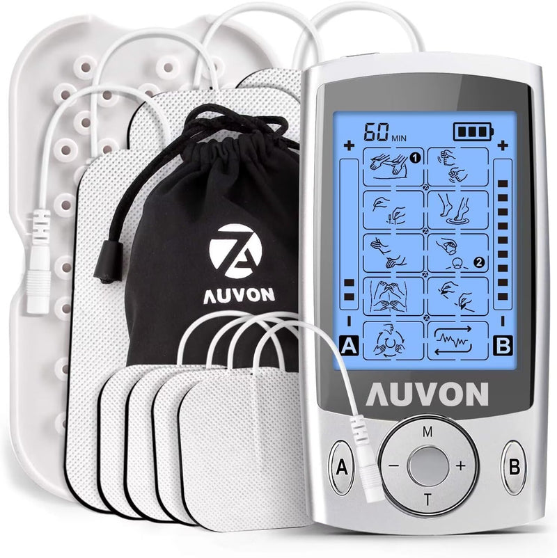 AUVON Dual Channel TENS Unit Muscle Stimulator Machine with 20 Modes, 2" and 2"x4" TENS Unit Electrode Pads A Silver