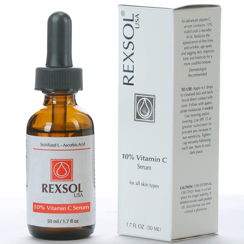 REXSOL 10% Vitamin C Serum Anti-wrinkle Firming | With Hyaluronic Acid, Chamomile Extract & Grape Seed Extract | Prevent photo-aging | Provides antioxidant protection. (50 ml / 1.7 fl oz)