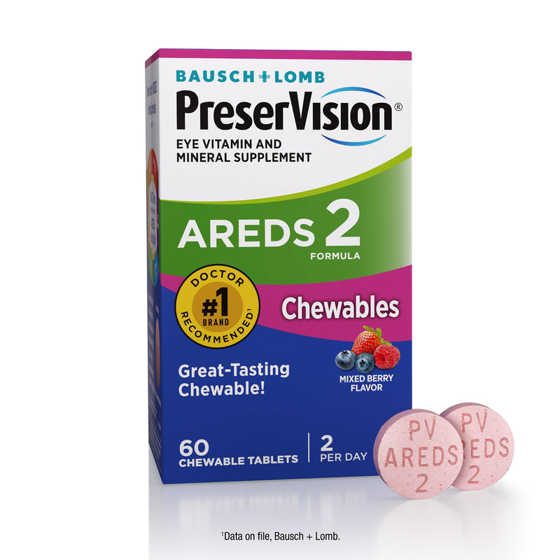 PreserVision AREDS 2 Chewable Eye Vitamins, Mixed Berry, 60 Tablets | AREDS 2 formula, lutein & zeaxanthin, vitamin C, E, zinc, copper, macular support* Vitamins, #1 eye doctor recommended brand1 60 Count (Pack of 1)