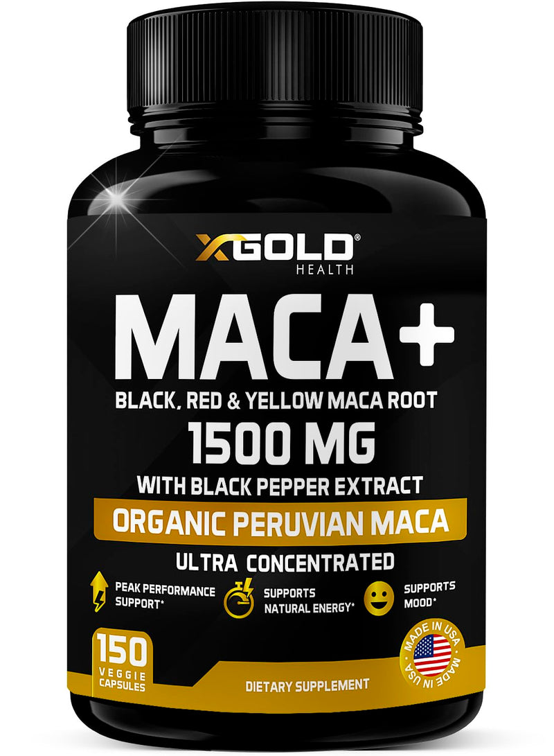 [Australia] - X Gold Health Organic Maca Root Powder Capsules 1500mg with Black | Red & Yellow Peruvian Maca Root Extract Gelatinized, Energy & Mood Supplement for Men & Women + Black Pepper for Best Benefits 