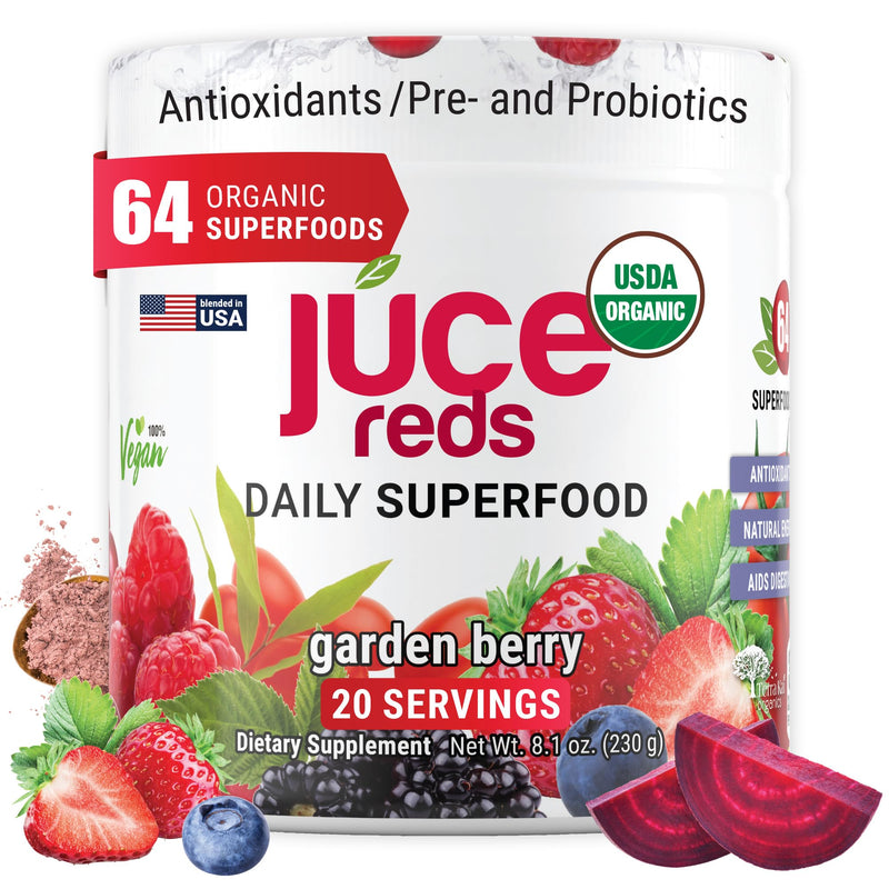 Juce Reds Organic Superfood Powder | Beet Root, 64 Superfoods | 20 Servings | Garden Berry flavor | Probiotics, digestive enzymes & adaptogens | USDA Organic, Non-GMO, Gluten Free