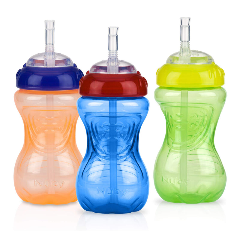 [Australia] - Nuby No-Spill Sippy Cup with Flex Straw - (3-Pack) 10-Ounce Bottles - Sippy Cups for Toddlers 12+ Months - Neutral Color Training Cups for Toddlers Soft Straw 10.1 Ounces Blue, Green & Yellow 