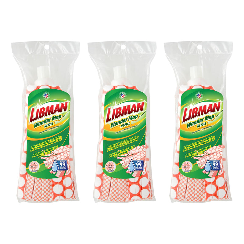 [Australia] - Libman Wonder Mop Head Replacement | Absorbent Microfiber | Self Wringing Mop | Best Mop Refill | Machine Washable | Multi-Surface Floor Mop | 3 Replacement Pads,Red & White 