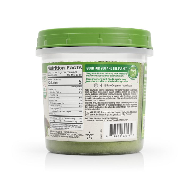 [Australia] - BareOrganics Marine Super Greens Powder | USDA Organic, Gluten-Free, Vegan, Non-GMO, BPA-Free | Kelp, Chlorella, Spirulina, 8oz 8 Ounce (Pack of 1) 