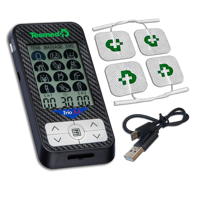TESMED Trio 6.5 TENS Unit & EMS Muscle Stimulator, USB Rechargeable | 36 programs, 40 intensity levels and 4 electrodes for fitness, massage, pain relief and therapy.