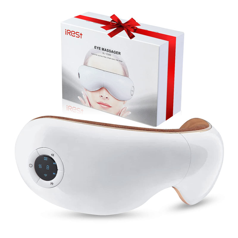 [Australia] - iRest Eye Massager with Heat,Smart Eye Mask Massager with Compression & Vibration,Relax Music,Rechargeable,Migraine Massager for Improve Sleep,Relieve Eye Strain Dry Eye Dark Circles Eye Bags,White White 