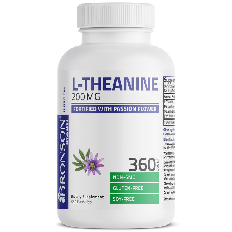 Bronson L-Theanine 200 mg with Passion Flower, Stress Support, 360 Capsules | Promotes Relaxation Without Drowsiness, Supports Healthy Mood, Non-GMO, Gluten-Free & Soy-Free 360 Count (Pack of 1)