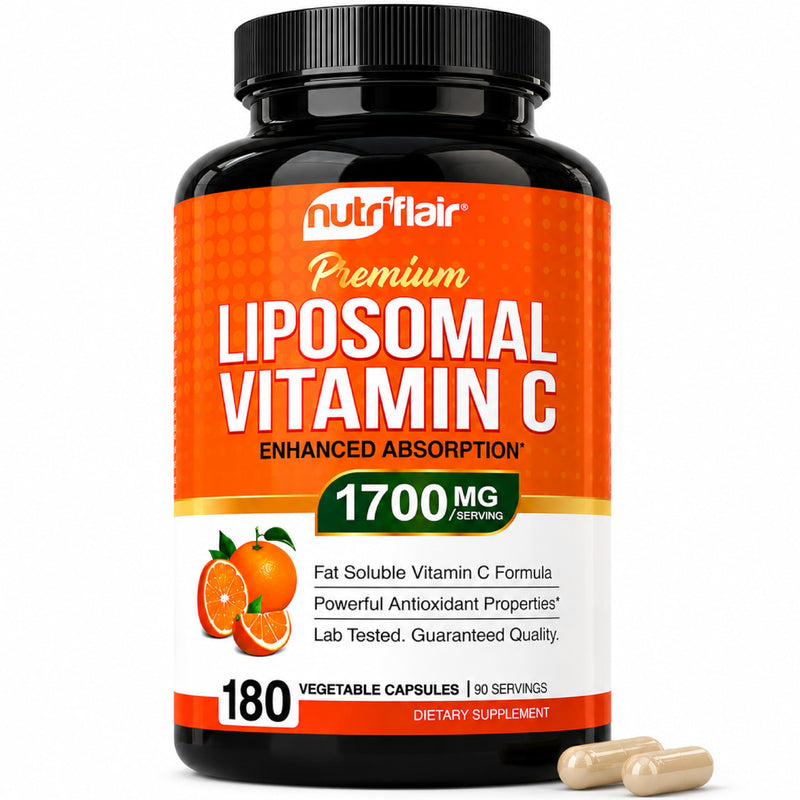 NutriFlair Liposomal Vitamin C 1700mg, 180 Capsules - High Absorption, Fat Soluble VIT C, Higher Bioavailability Immune System Support & Collagen Booster, Non-GMO, Vegan Pills 180 Count (Pack of 1)