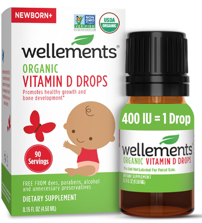 [Australia] - Wellements Baby Organic Vitamin D Drops for Infants & Toddlers (90-Day Supply) - Certified Newborn+ Liquid Vitamin D3 Drops, Support Healthy Growth & Bone Development 400 IU per Drop (1 Drop Daily) 