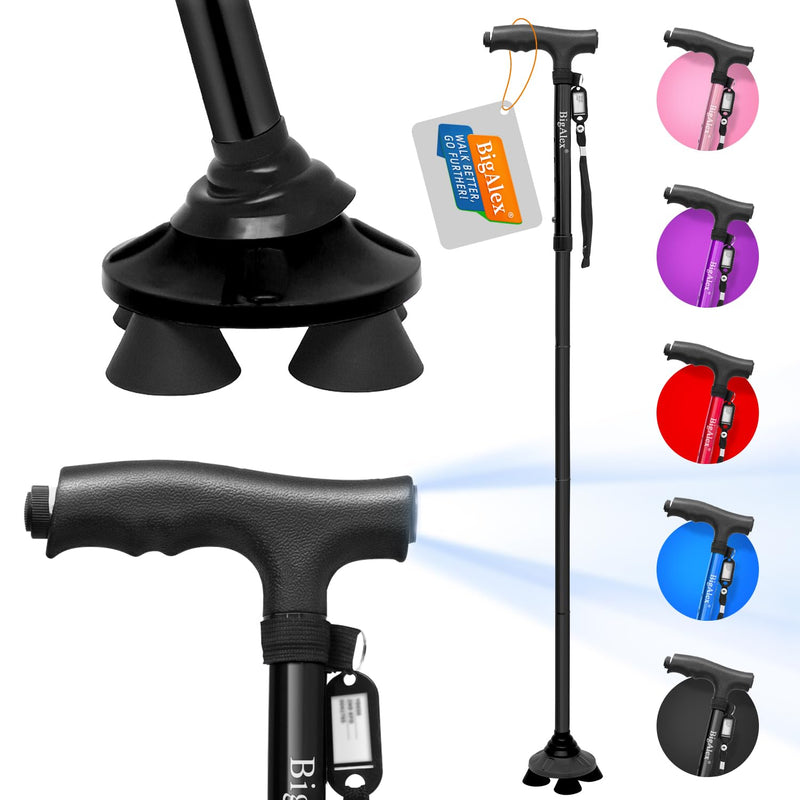 [Australia] - BigAlex Folding Walking Cane with LED Light,Pivoting Quad Base,Adjustable Walking Stick with Carrying Bag for Men/Women Black(33"-38") 