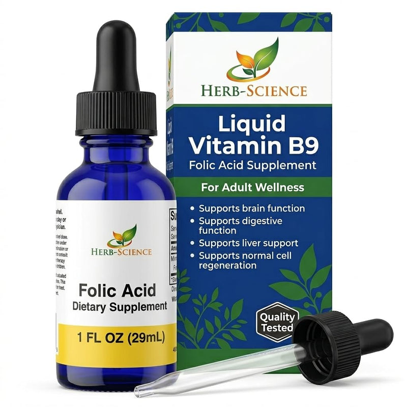 Liquid Vitamin B9 Folic Acid Drops, Alcohol-Free, 1 Oz | Made with Only 3 Premium Ingredients, Vegan and Non-GMO, in a Cobalt Glass Bottle with Flexible Daily Serving