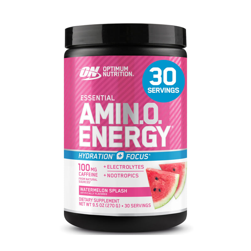 Optimum Nutrition, Amino Energy Powder Plus Focus, with Bcaa, Electrolytes, and Caffeine, Watermelon, 30 Servings | Contains BCAAs, Electrolytes, 100 mg Caffeine, 5g Amino Acids, Zero Sugar, Supports Hydration, Banned Substance Tested