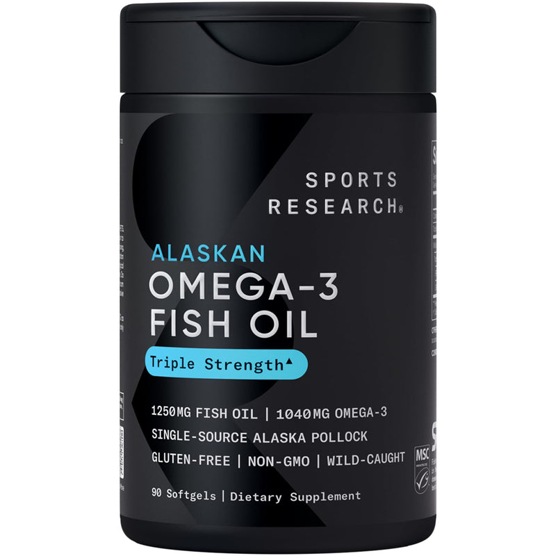 Sports Research® Omega-3 Fish Oil 1250mg from Wild Alaska Pollock, 90 Count | Always Fresh Never Fishy | 690mg EPA 260mg DHA per Softgel · Heart & Brain Health* · MSC Certified Sustainable - 90 Servings 90 Count (Pack of 1) From Alaska